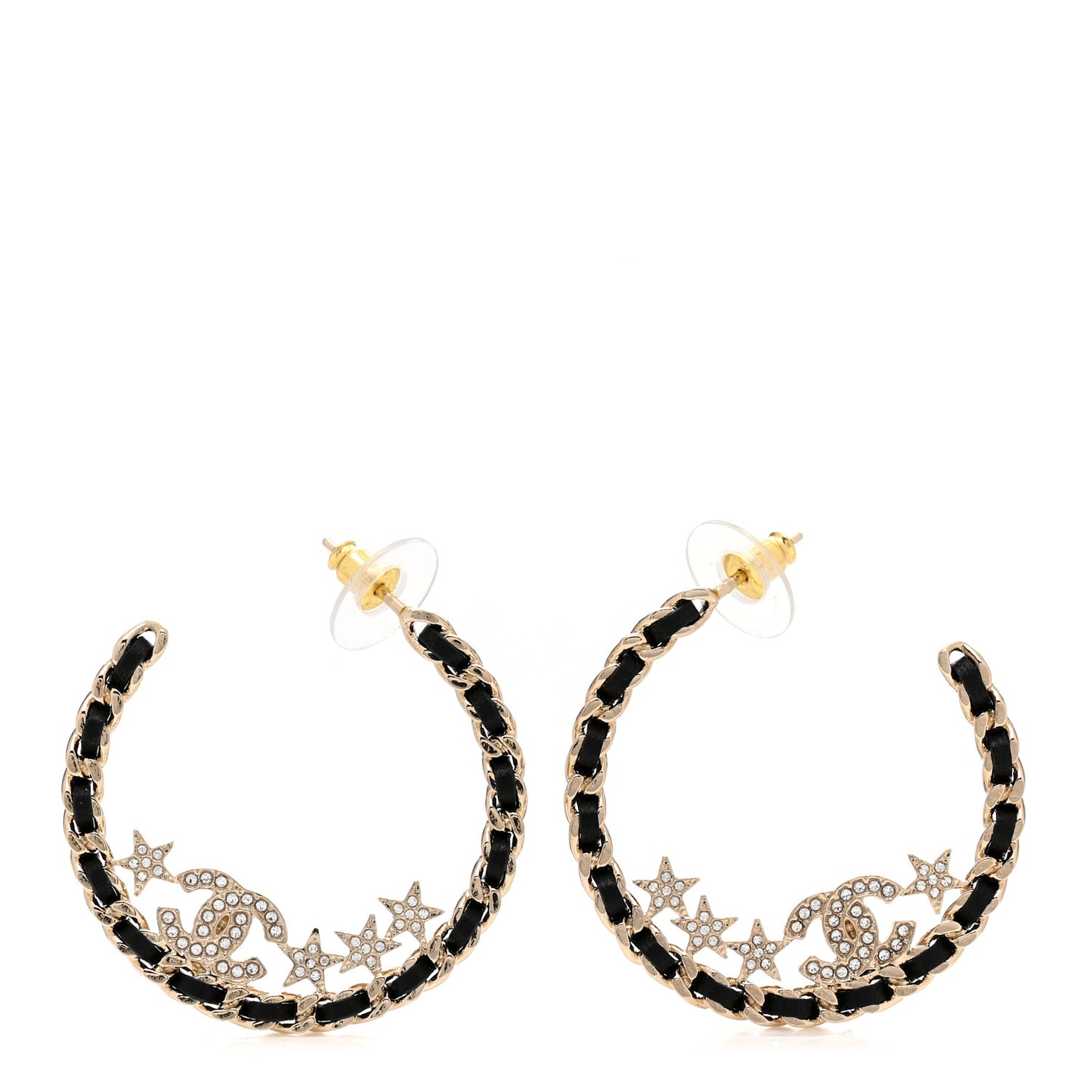 Lambskin Chain Crystal CC Star Chain Hoop Earrings Gold Black