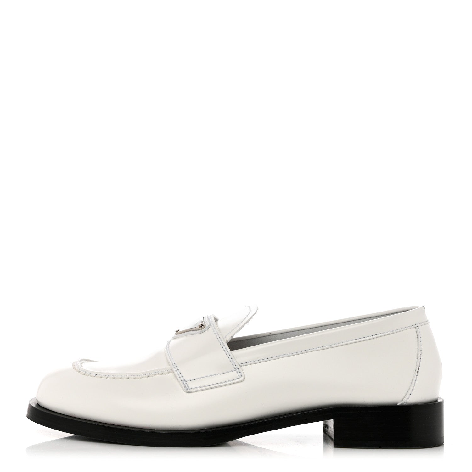 Prada Brushed Calfskin Metal Triangle Logo 20mm Loafers 38.5 White 1 of 9