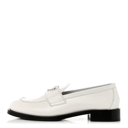 Prada Brushed Calfskin Metal Triangle Logo 20mm Loafers 38.5 White 1 of 9