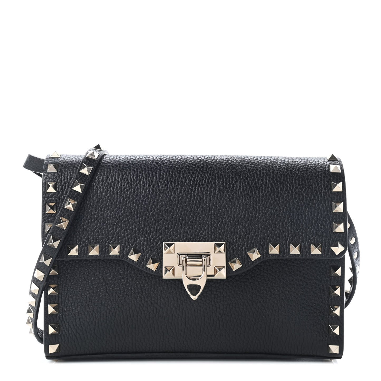 Pebbled Calfskin Medium Rockstud Flip Lock Crossbody Bag Black