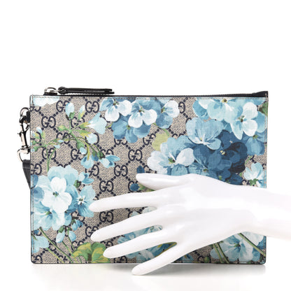 Gucci GG Supreme Monogram Blooms Small Zip Wristlet Pouch Beige Blue Black 2 of 9