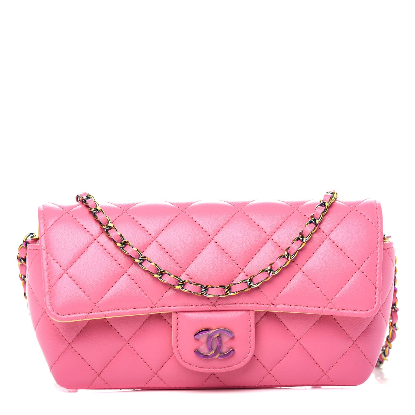 Lambskin Quilted Glasses Case With Chain Pink Yellow