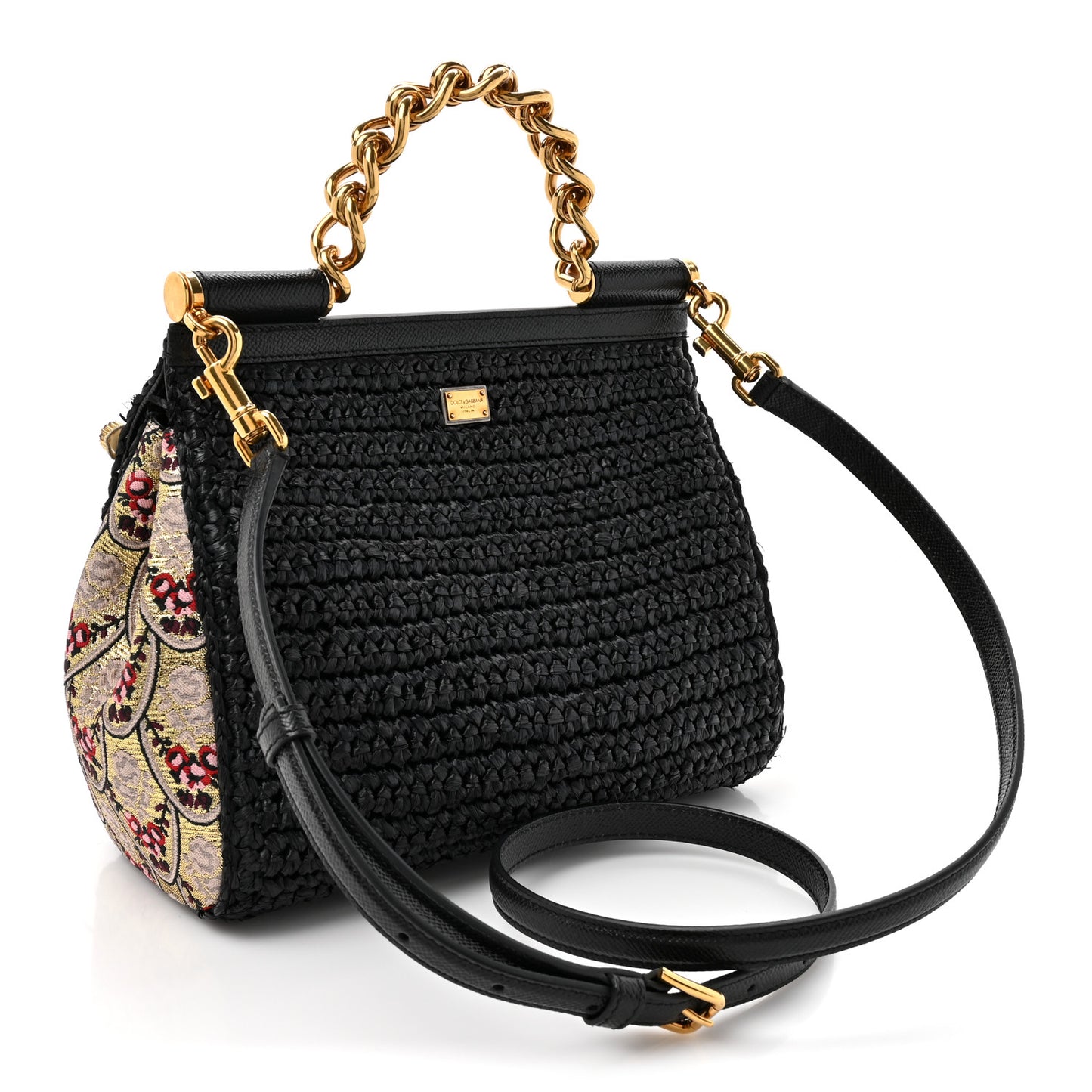 Woven Raffia Dauphine Sequin Embroidered Medium L'Amore Belleza Chain Miss Sicily Satchel Black Multicolor