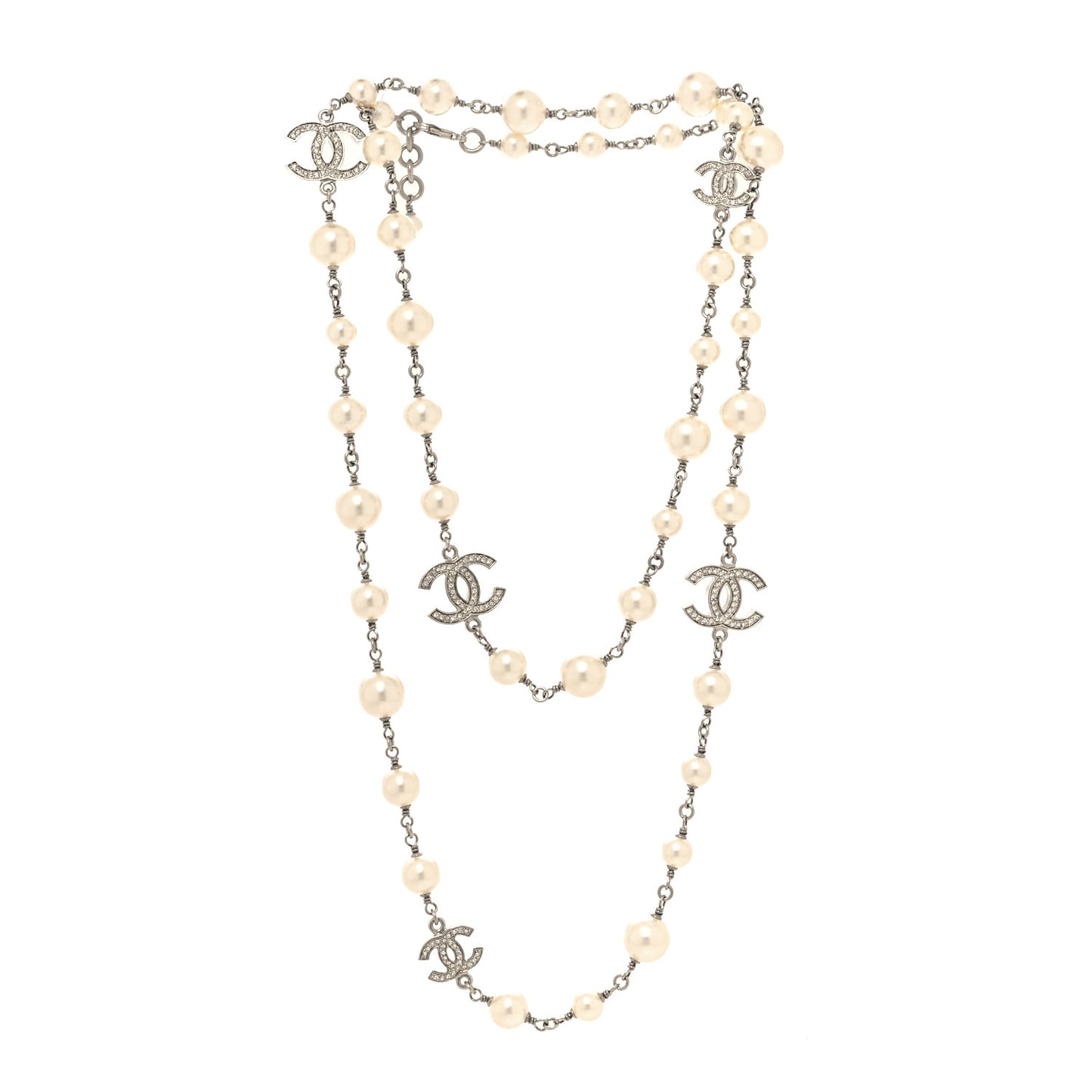Graduated Pearl Crystal CC Long Necklace Silver