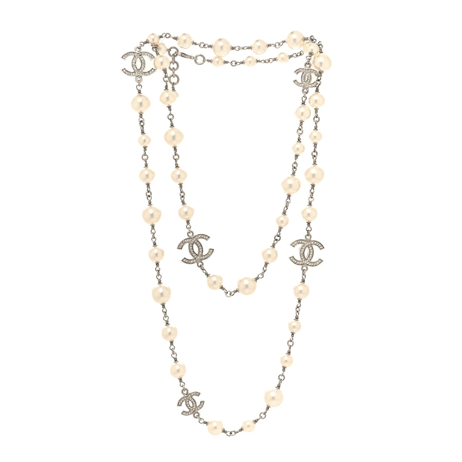 Chanel Graduated Pearl Crystal CC Long Necklace Silver 3 of 5