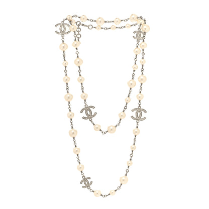 Chanel Graduated Pearl Crystal CC Long Necklace Silver 3 of 5