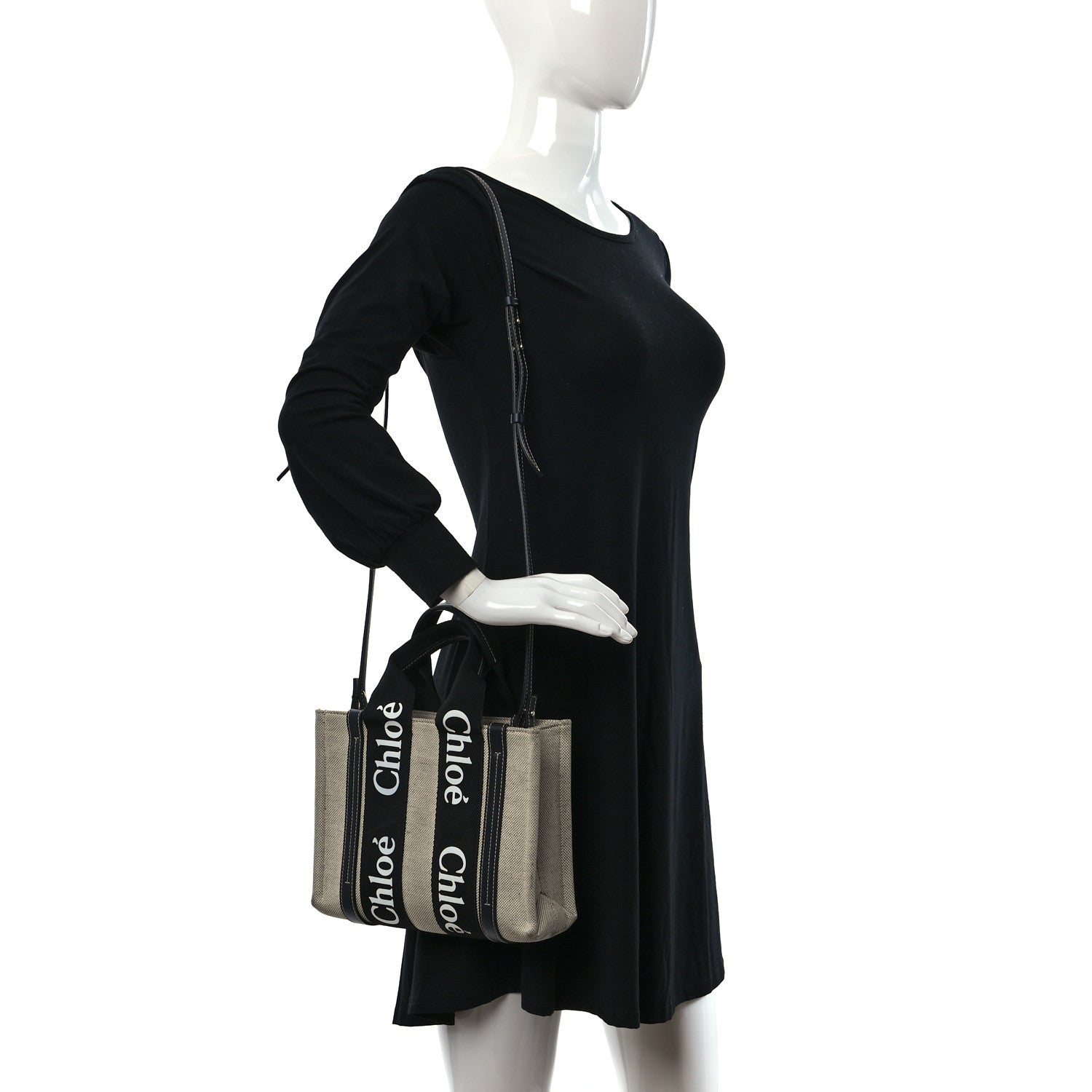 Chloe Cotton Calfskin Small Woody Ribbon Tote With Strap Black Blue 2 of 11
