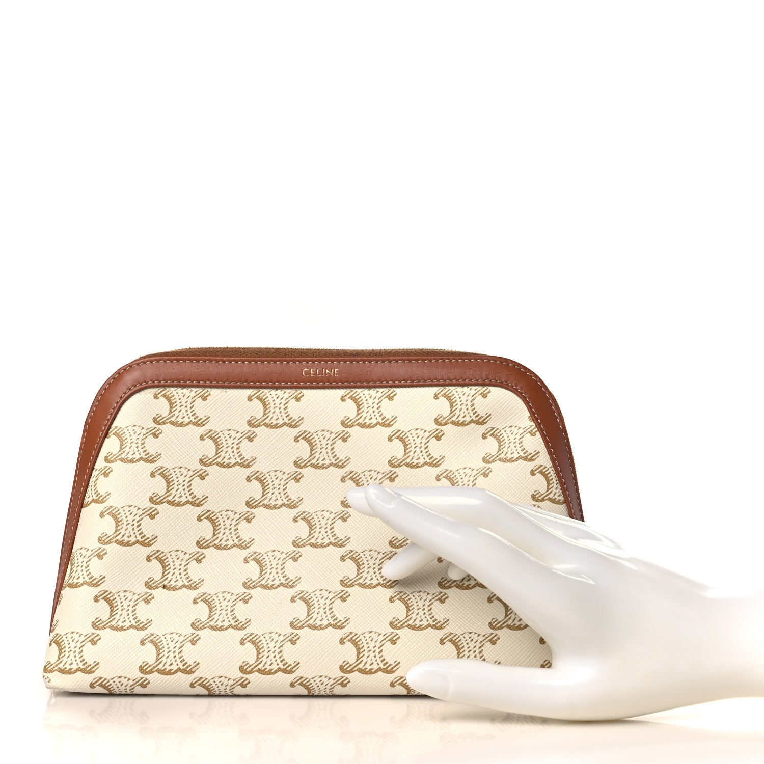 Celine Triomphe Canvas Calfskin Medium Cosmetic Pouch White Tan 2 of 9