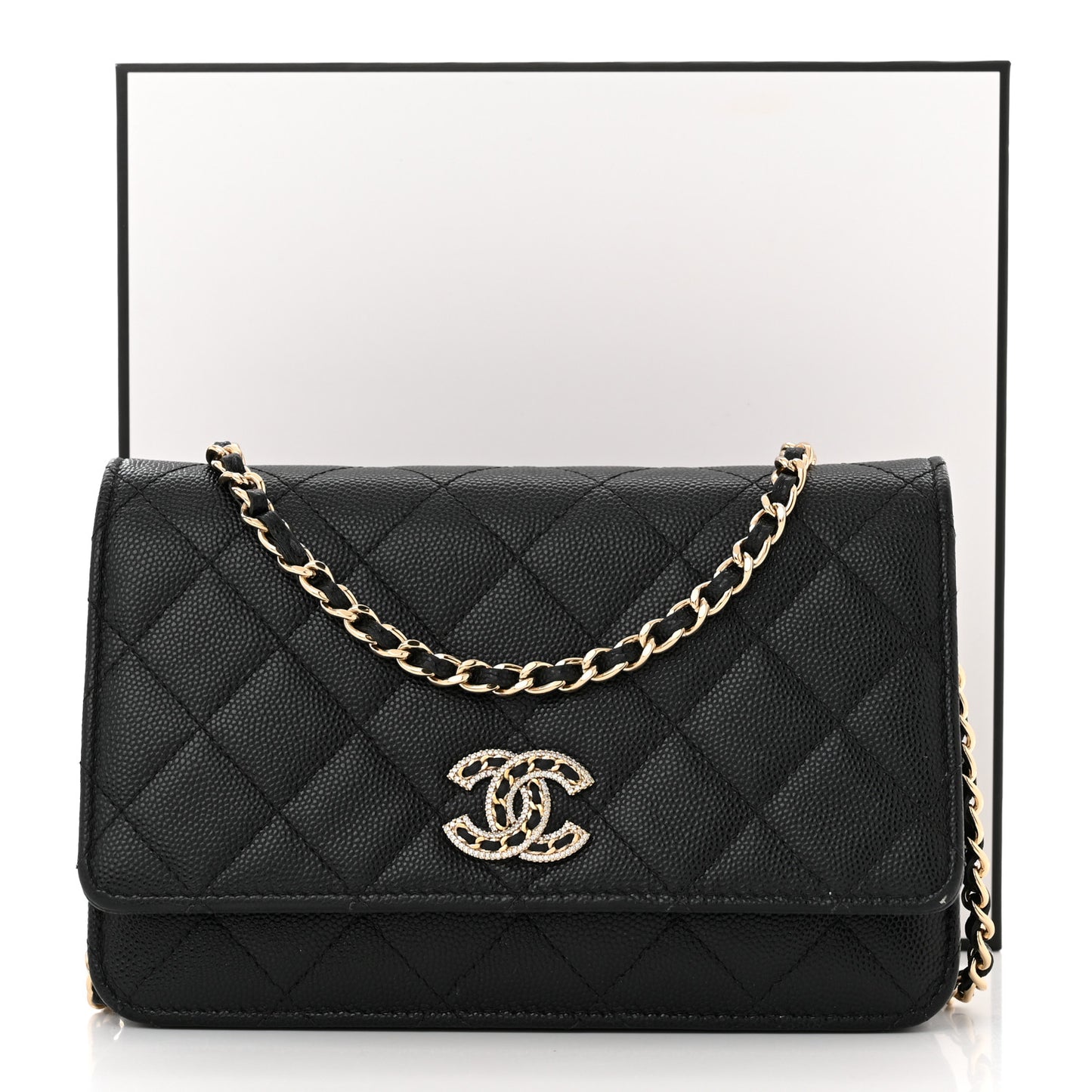 Caviar Quilted Crystal CC Wallet On Chain WOC Black