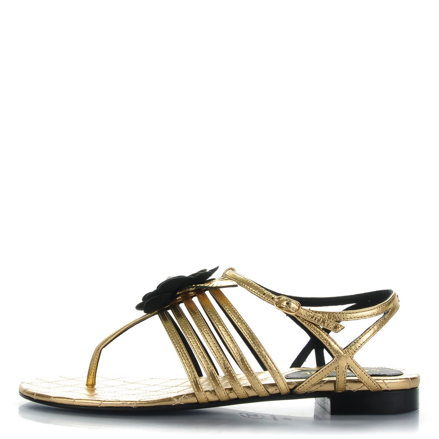Crumpled Calfskin Camellia Pearl Thong Sandals 36.5 Gold