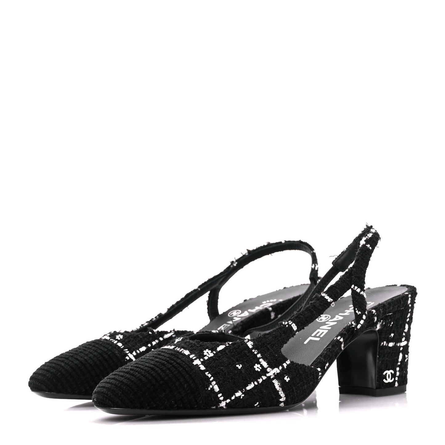Tweed Sequins Corduroy Cap Toe CC Slingback Pumps 38 Black White