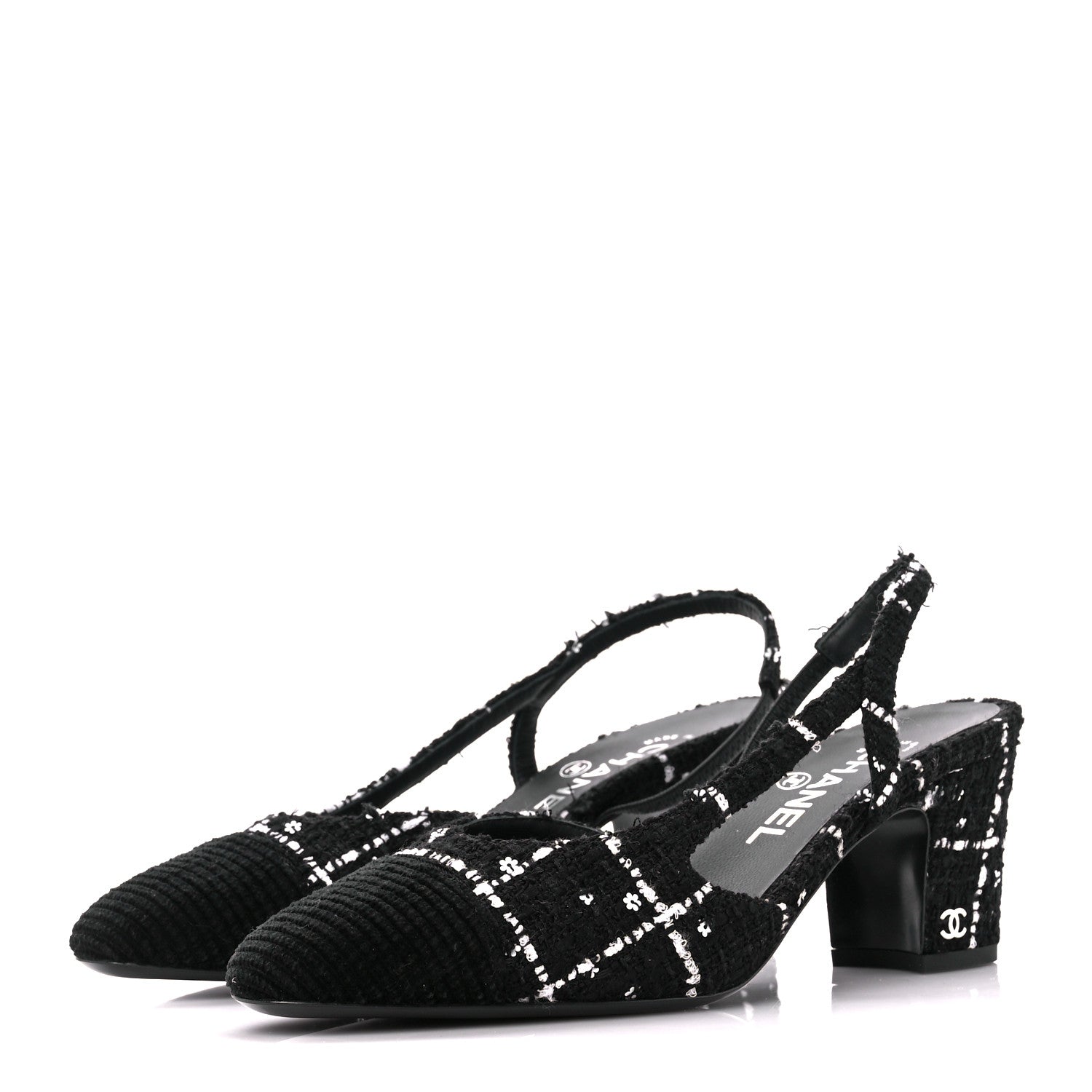 Chanel Tweed Sequins Corduroy Cap Toe CC Slingback Pumps 38 Black White 3 of 9