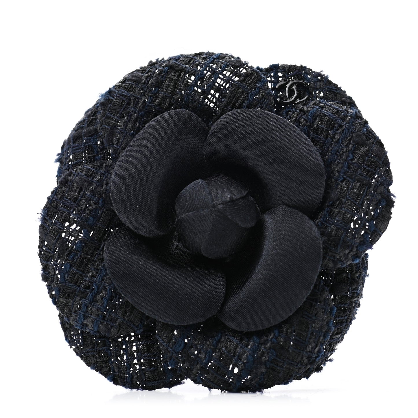 Tweed Camellia Pin Brooch Navy Blue