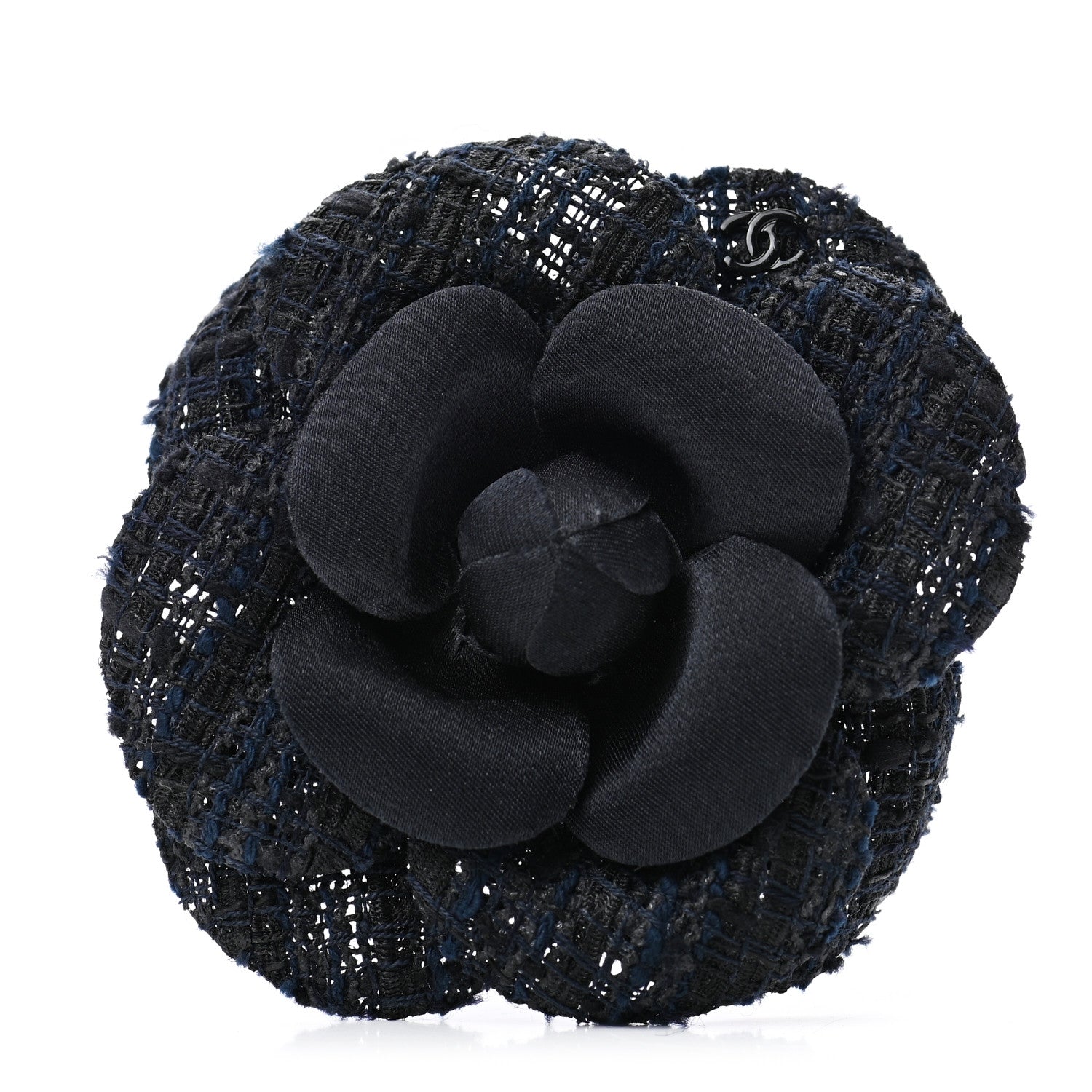 Chanel Tweed Camellia Pin Brooch Navy Blue 1 of 4