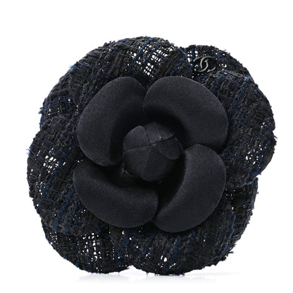 Chanel Tweed Camellia Pin Brooch Navy Blue 1 of 4