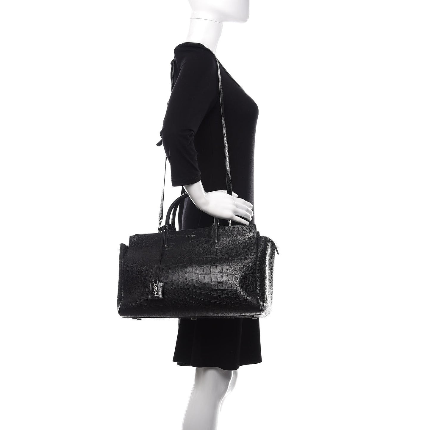 Calfskin Crocodile Embossed Medium Cabas Rive Gauche Black