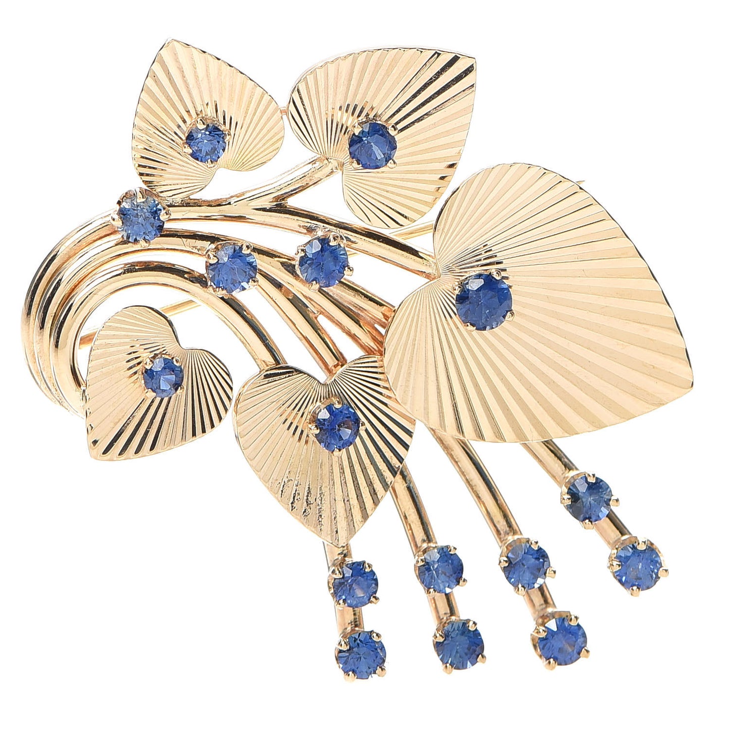 14K Yellow Gold Diamond Blue Sapphire Swirl Pin Brooch