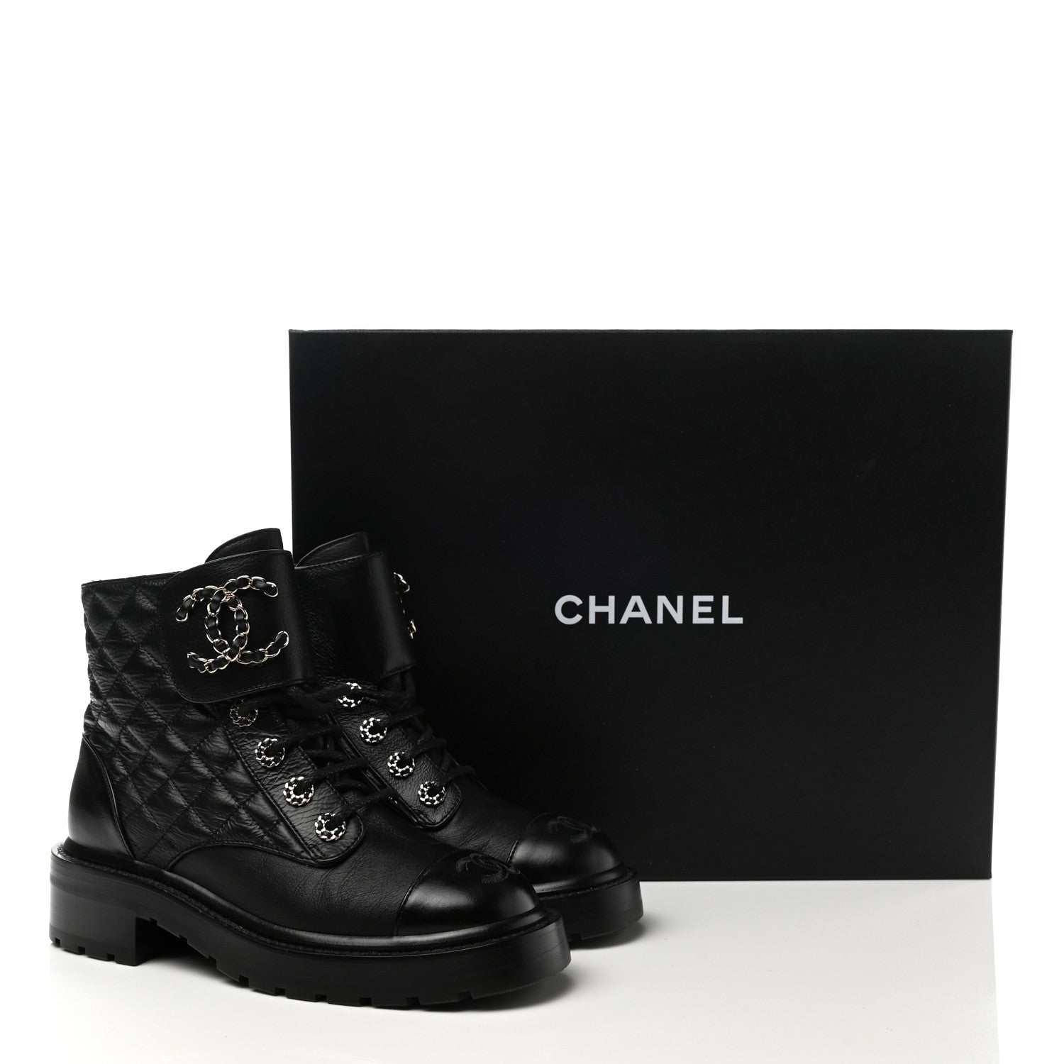 Chanel Shiny Goatskin Calfskin Quilted Lace Up Combat Boots 36 Black 9 of 10