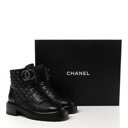 Chanel Shiny Goatskin Calfskin Quilted Lace Up Combat Boots 36 Black 9 of 10