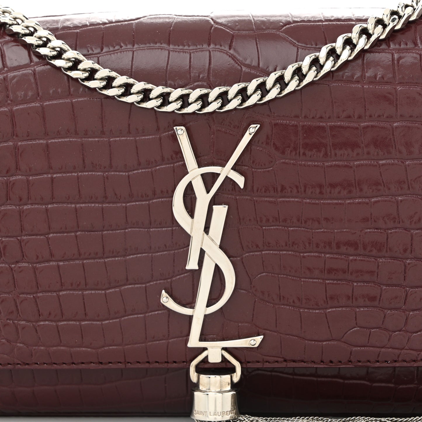 Calfskin Crocodile Embossed Small Classic Monogram Kate Tassel Satchel Rouge Legion