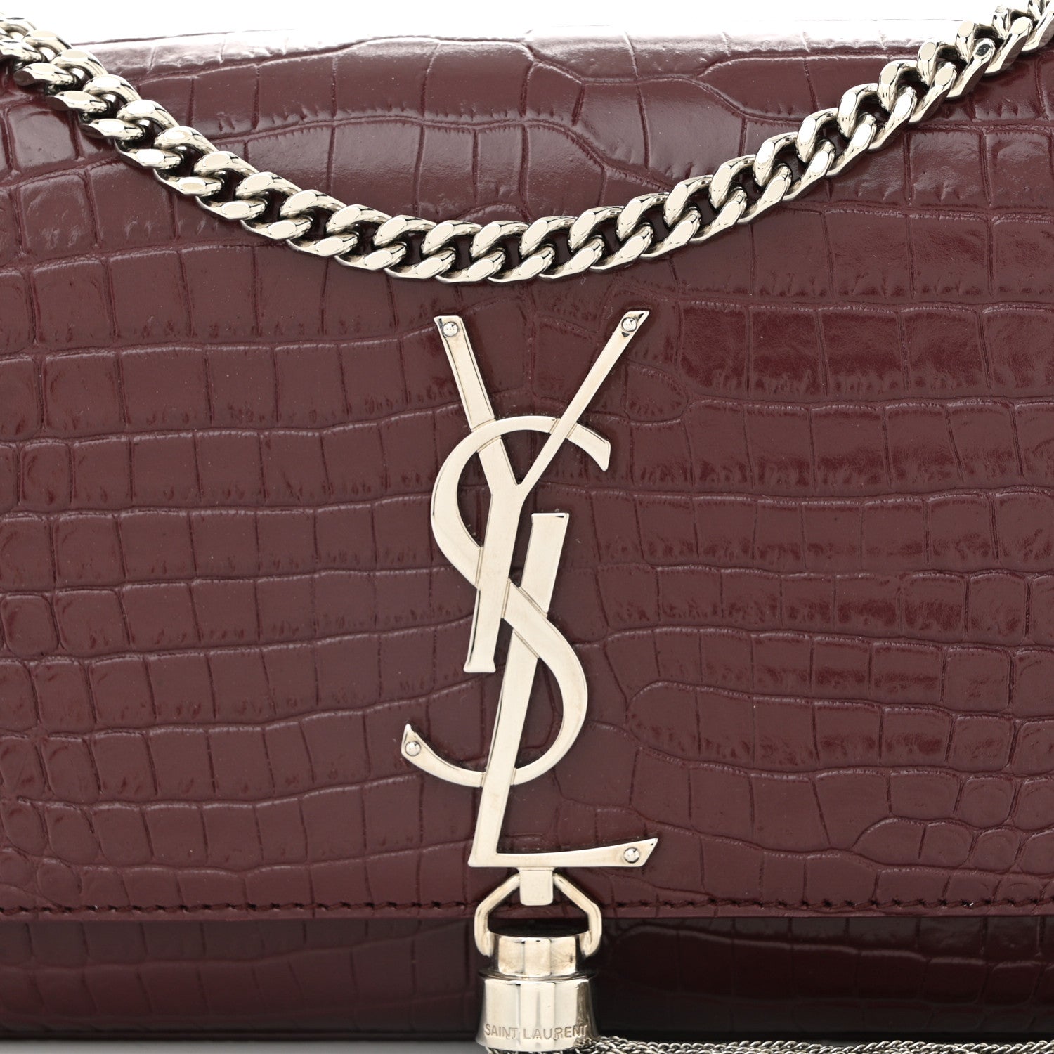 Saint Laurent Calfskin Crocodile Embossed Small Classic Monogram Kate Tassel Satchel Rouge Legion 7 of 10