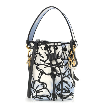 Fendi X JOSHUA VIDES Fabric Flower Clouds Embroidered Mini Mon Tresor Bucket Bag White Celeste Black 1 of 13