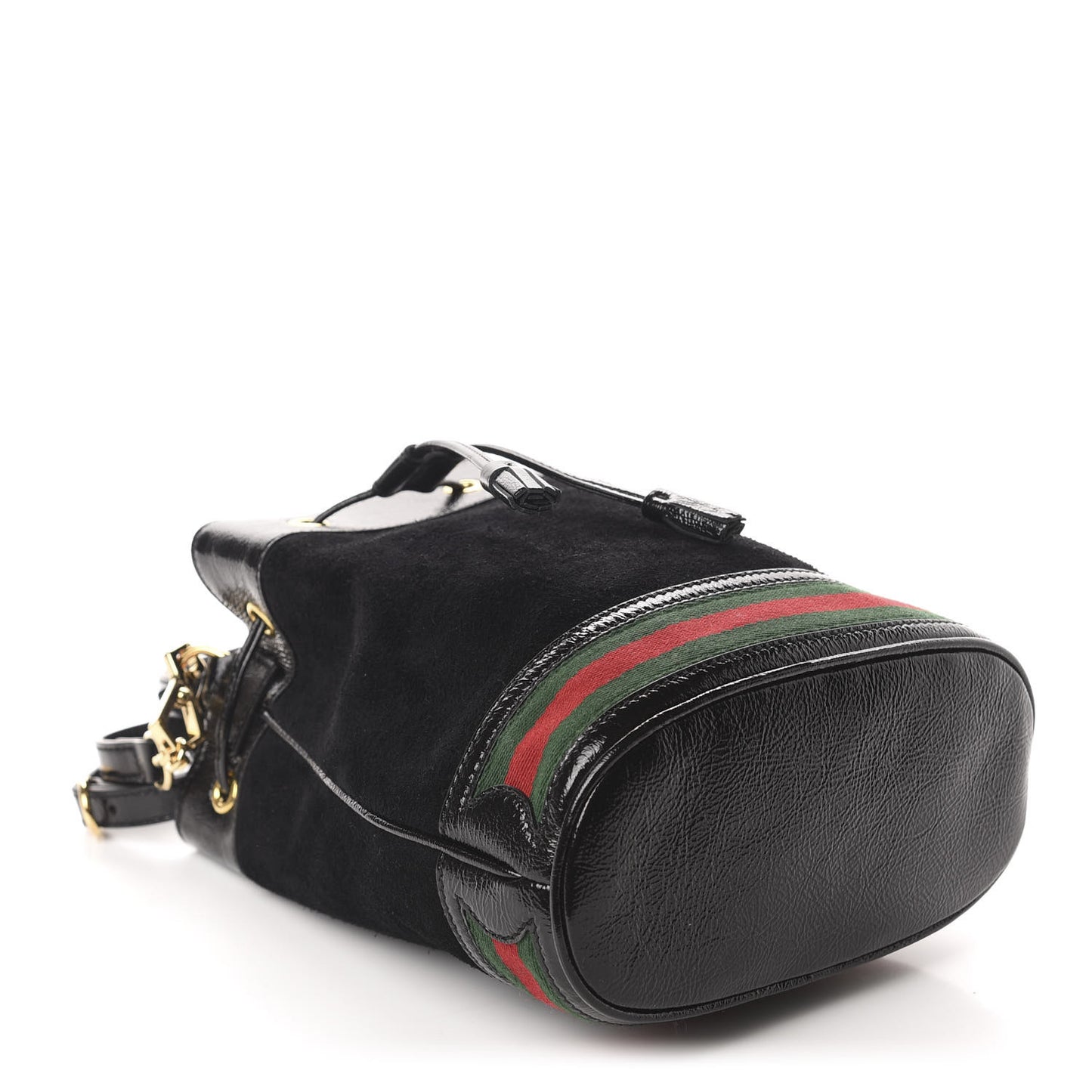 Suede Patent Web Small Ophidia Bucket Bag Black