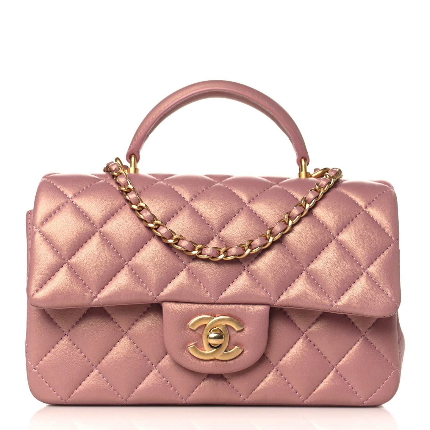 Iridescent Lambskin Quilted Mini Top Handle Rectangular Flap Pink
