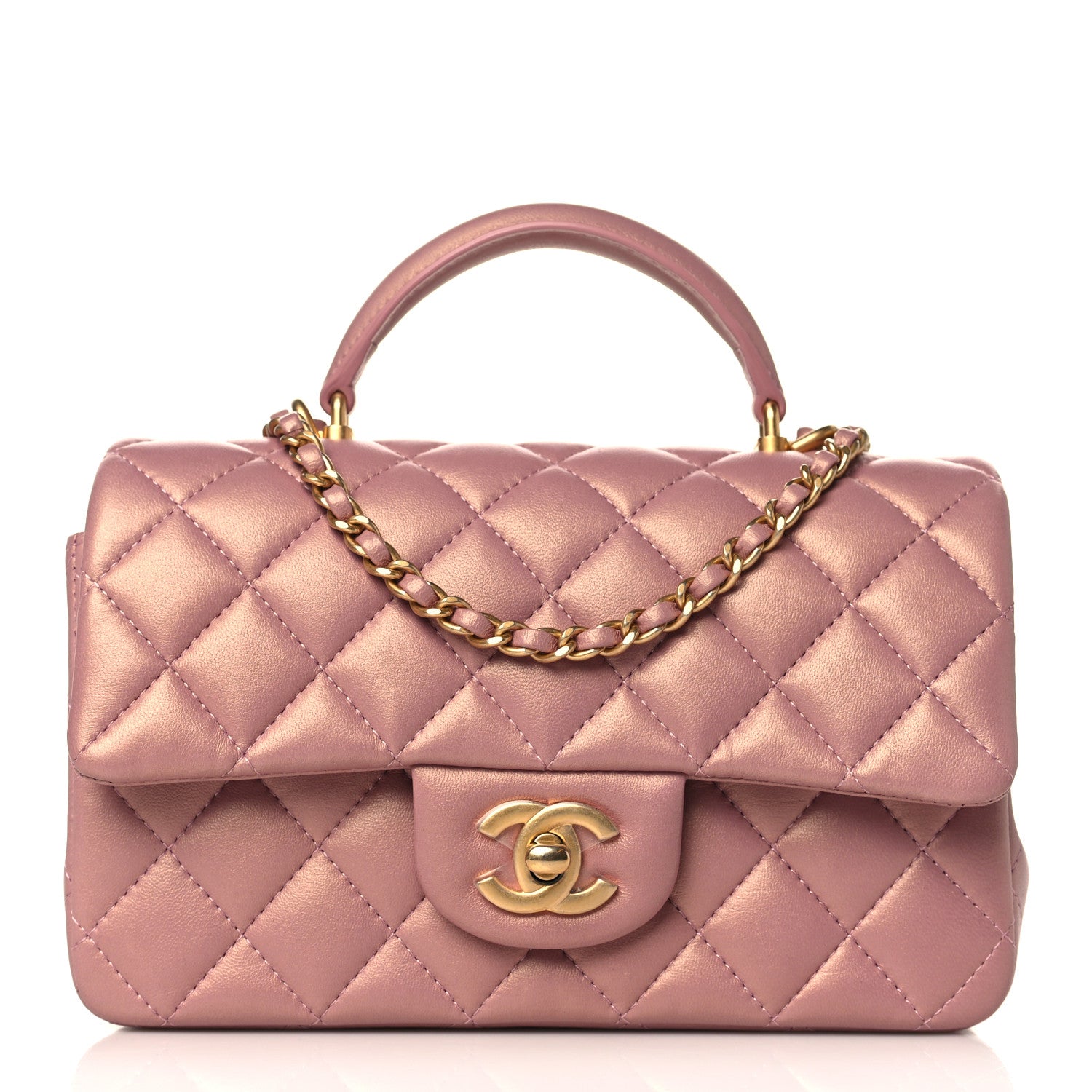 Chanel Iridescent Lambskin Quilted Mini Top Handle Rectangular Flap Pink 1 of 10