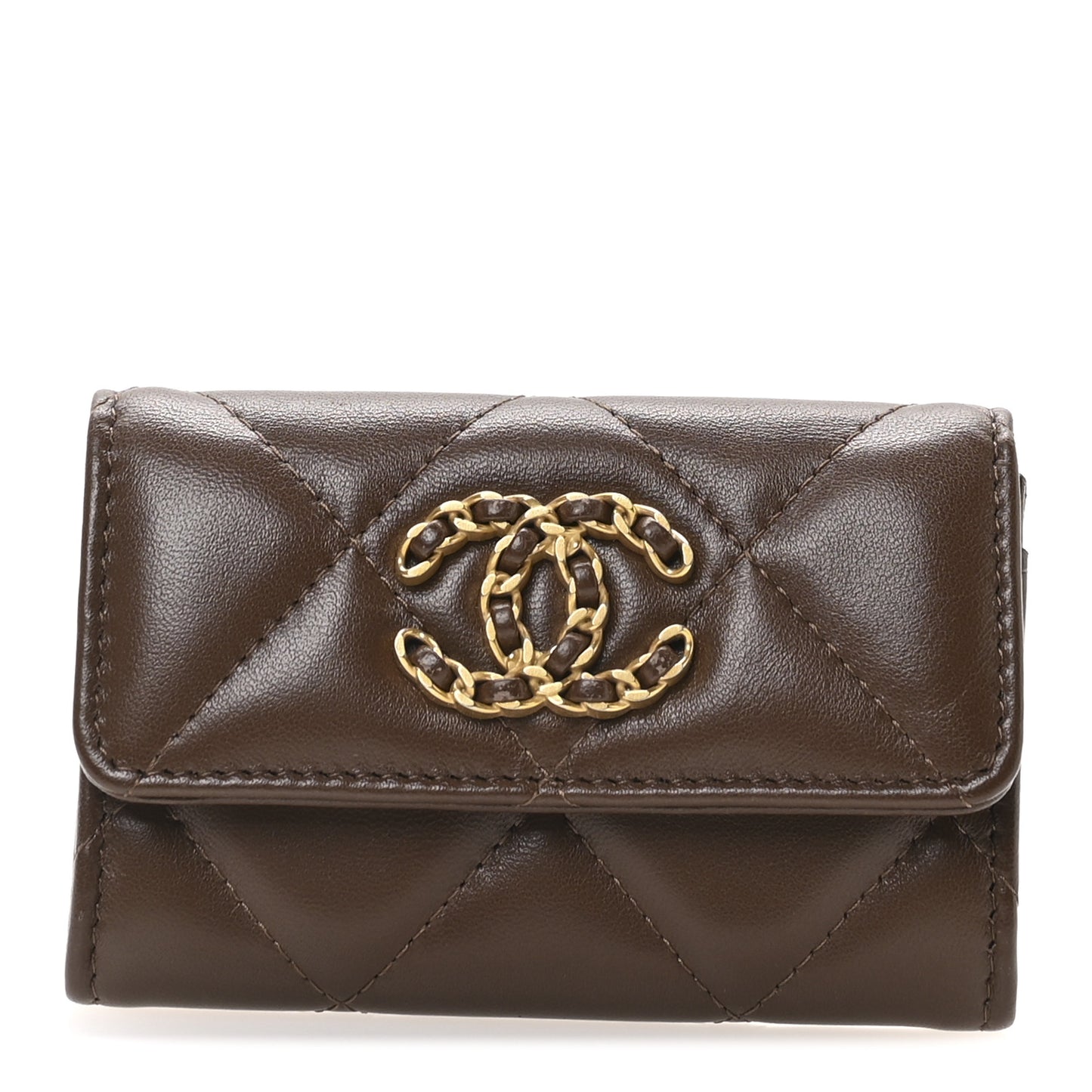 Lambskin Quilted Chanel 19 Flap Card Holder Dark Brown