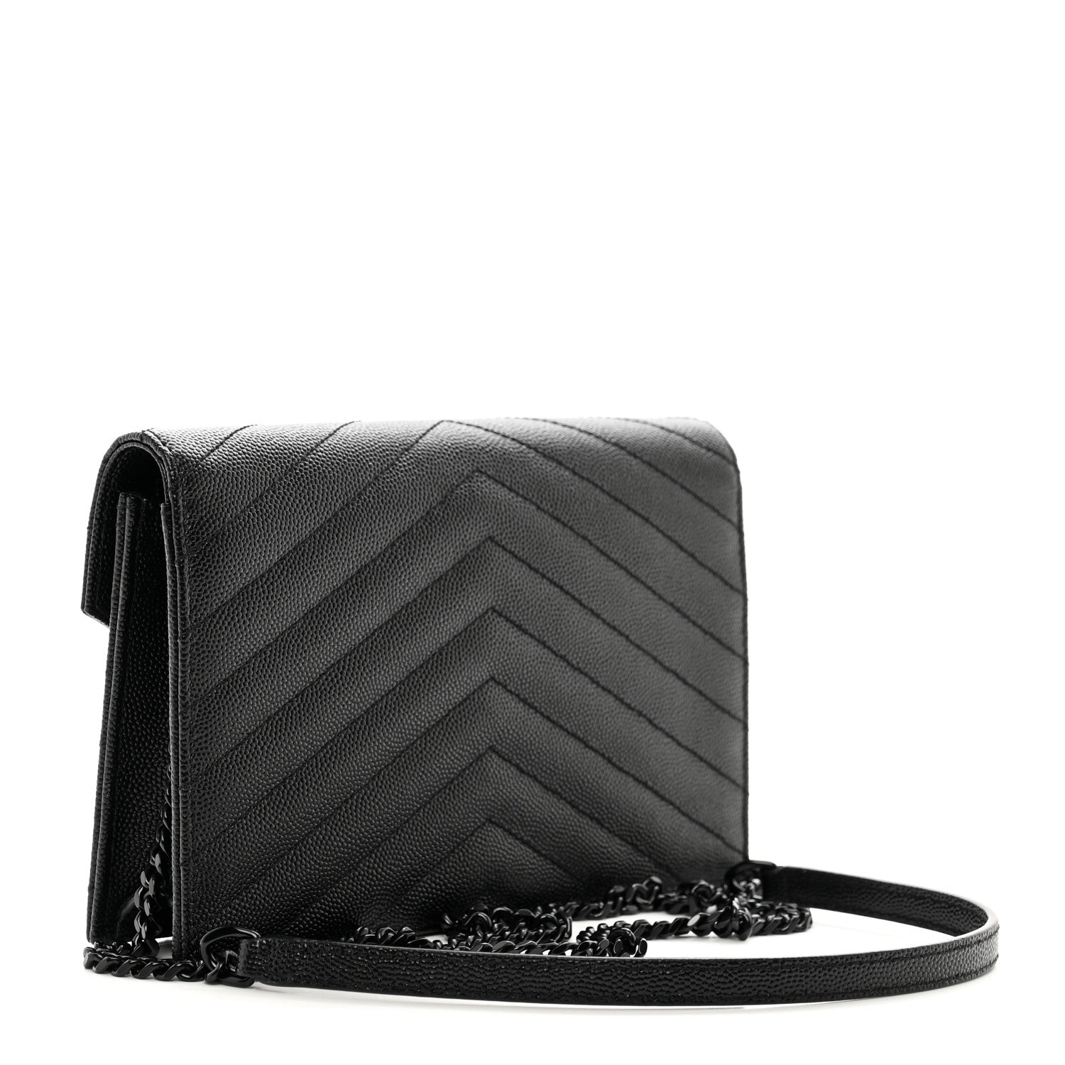 Saint Laurent Grain De Poudre Matelasse Chevron Monogram Monochrome Envelope Chain Wallet Black 3 of 9
