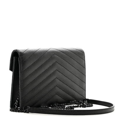 Saint Laurent Grain De Poudre Matelasse Chevron Monogram Monochrome Envelope Chain Wallet Black 3 of 9