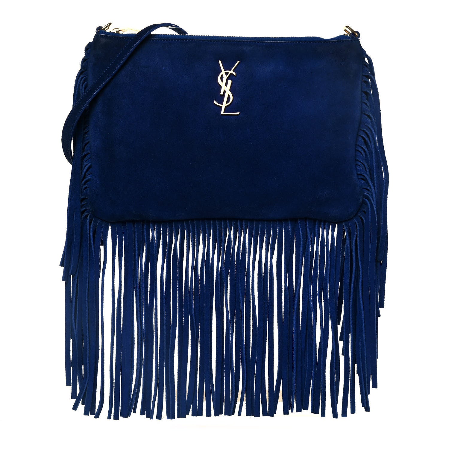Saint Laurent Suede Calfskin Small Fringe Crossbody Bag Blue 1 of 15