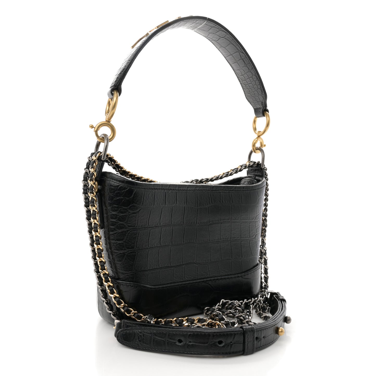 Calfskin Crocodile Embossed Small Gabrielle Cocodile Hobo Black