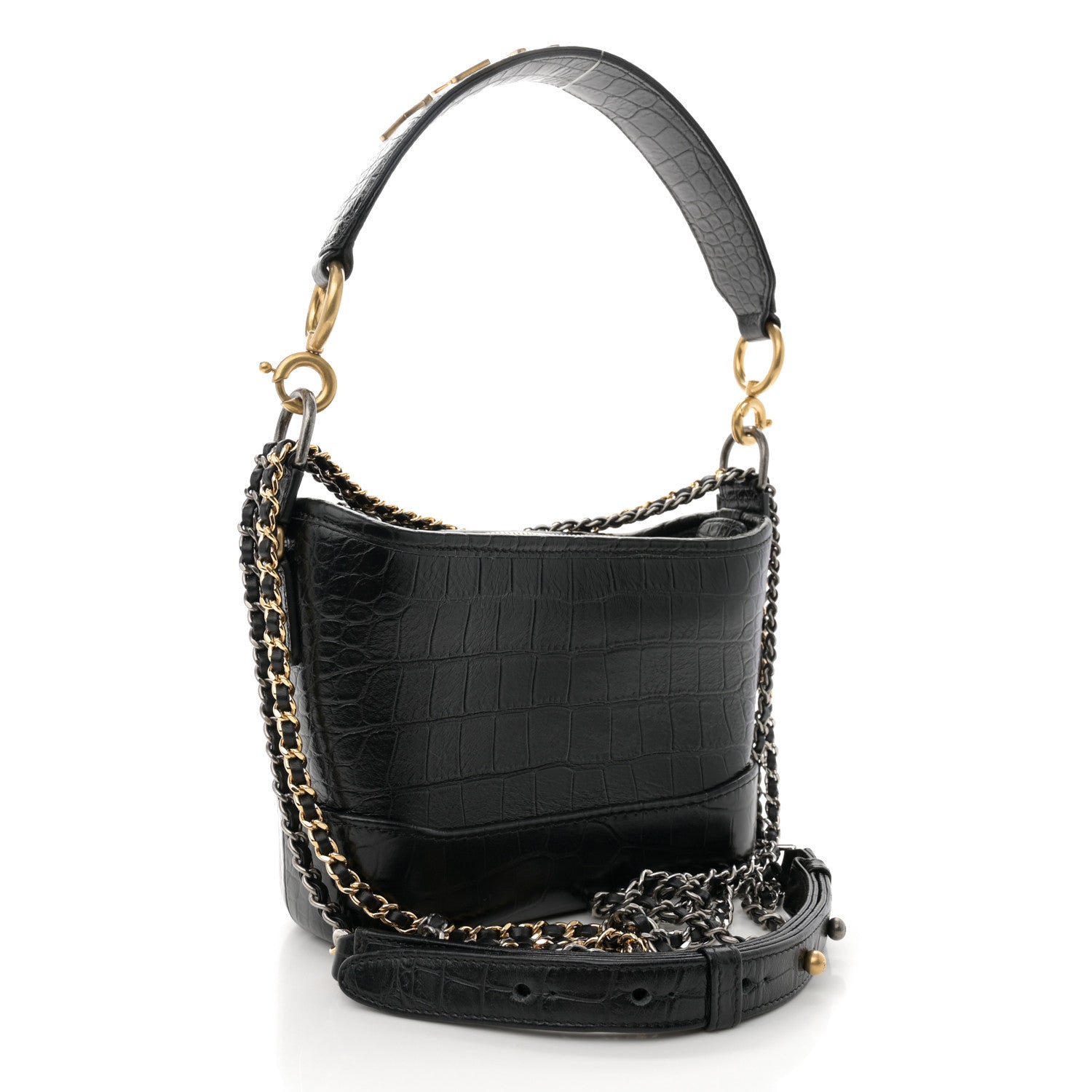 Chanel Calfskin Crocodile Embossed Small Gabrielle Cocodile Hobo Black 3 of 10