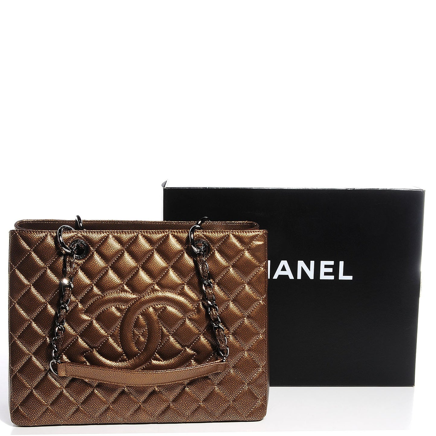Metallic Caviar Quilted Grand Shopping Tote GST Khaki