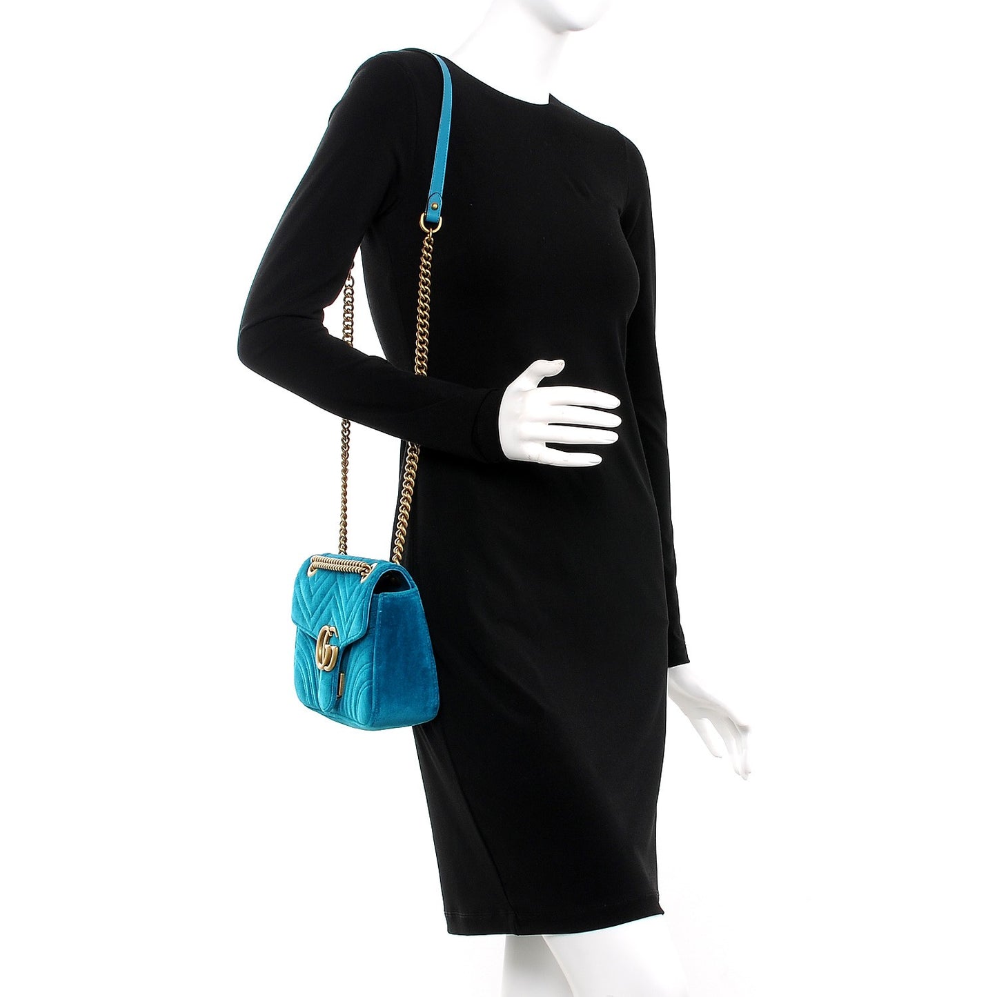 Velvet Matelasse Small GG Marmont Shoulder Bag Pavone Cyan
