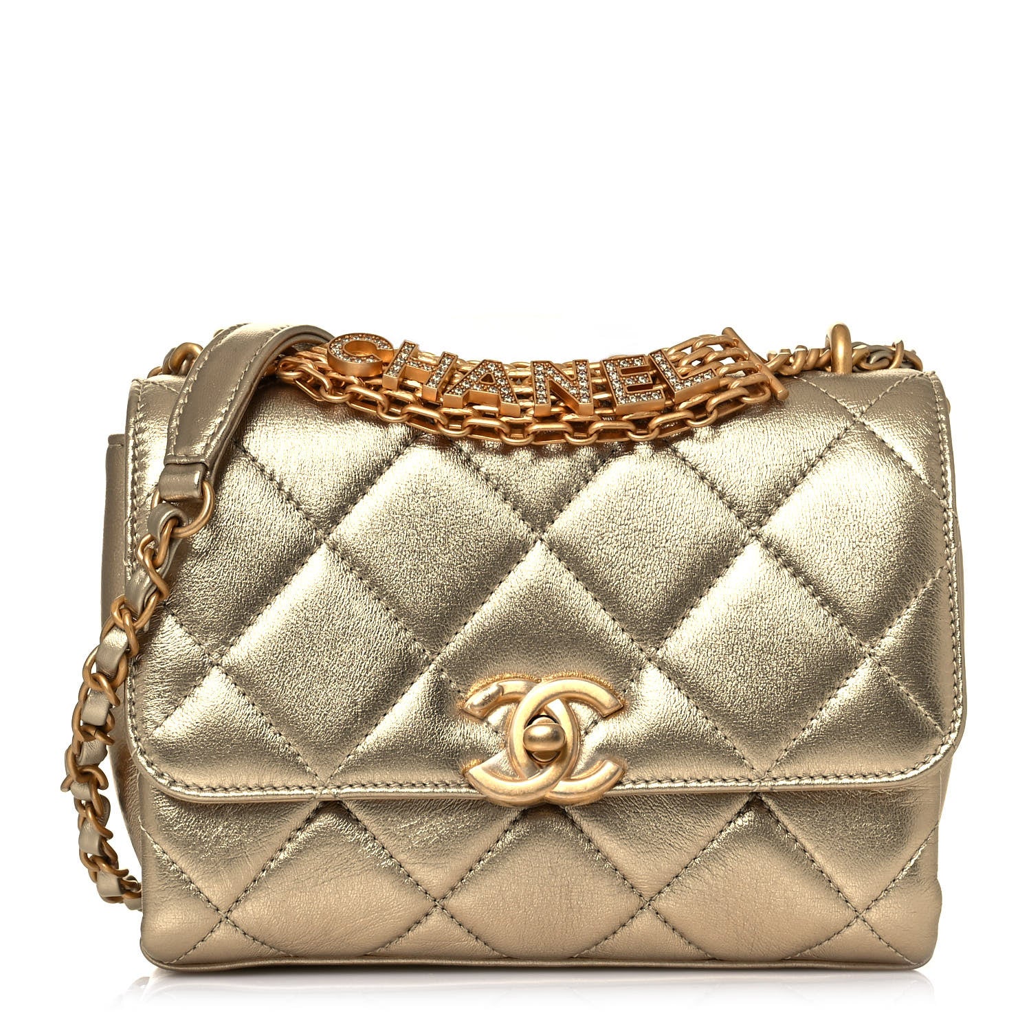 Chanel Metallic Lambskin Quilted Mini CC Crystal Logo Chain Flap Gold 1 of 13