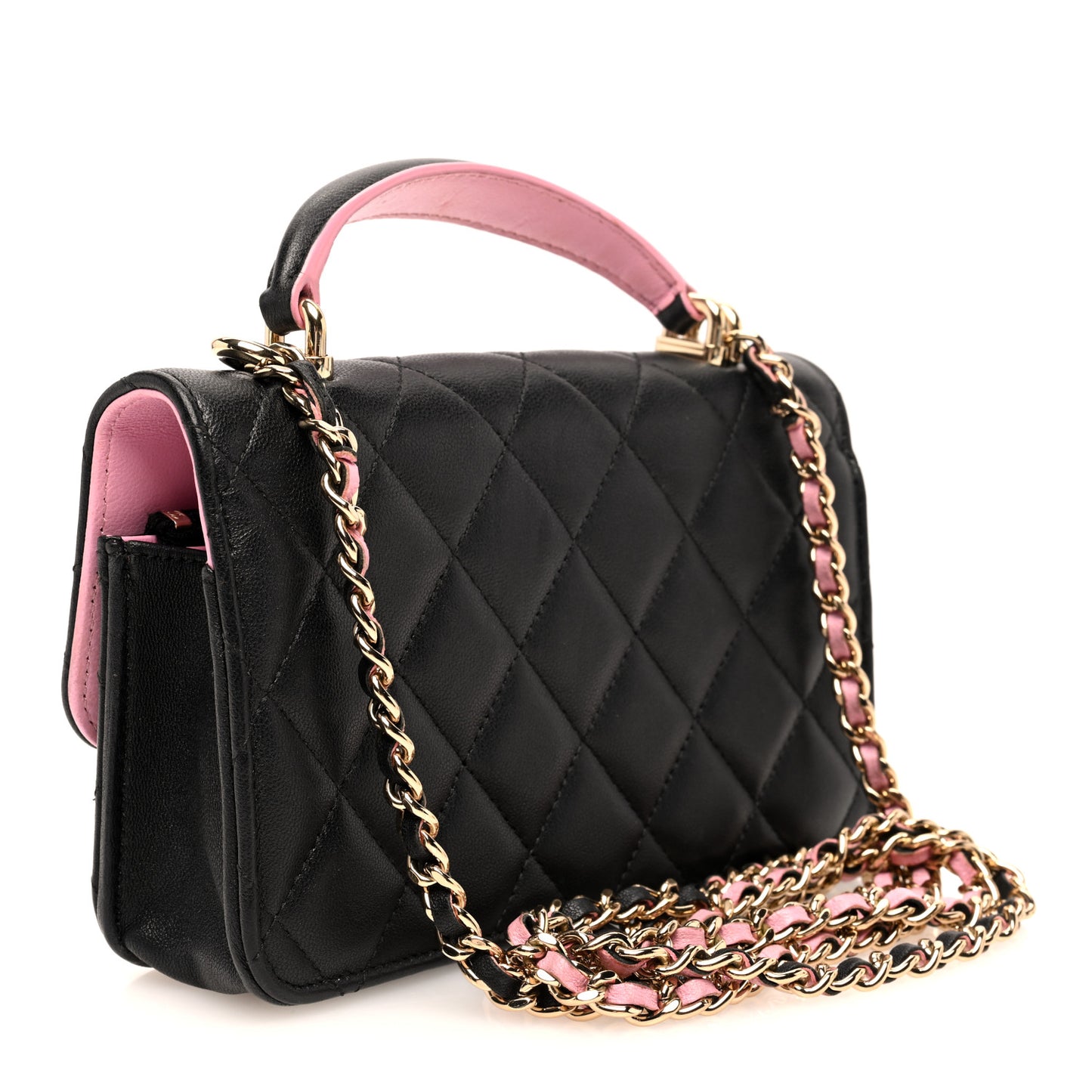 Lambskin Quilted Flap Phone Holder With Chain Black Lilac