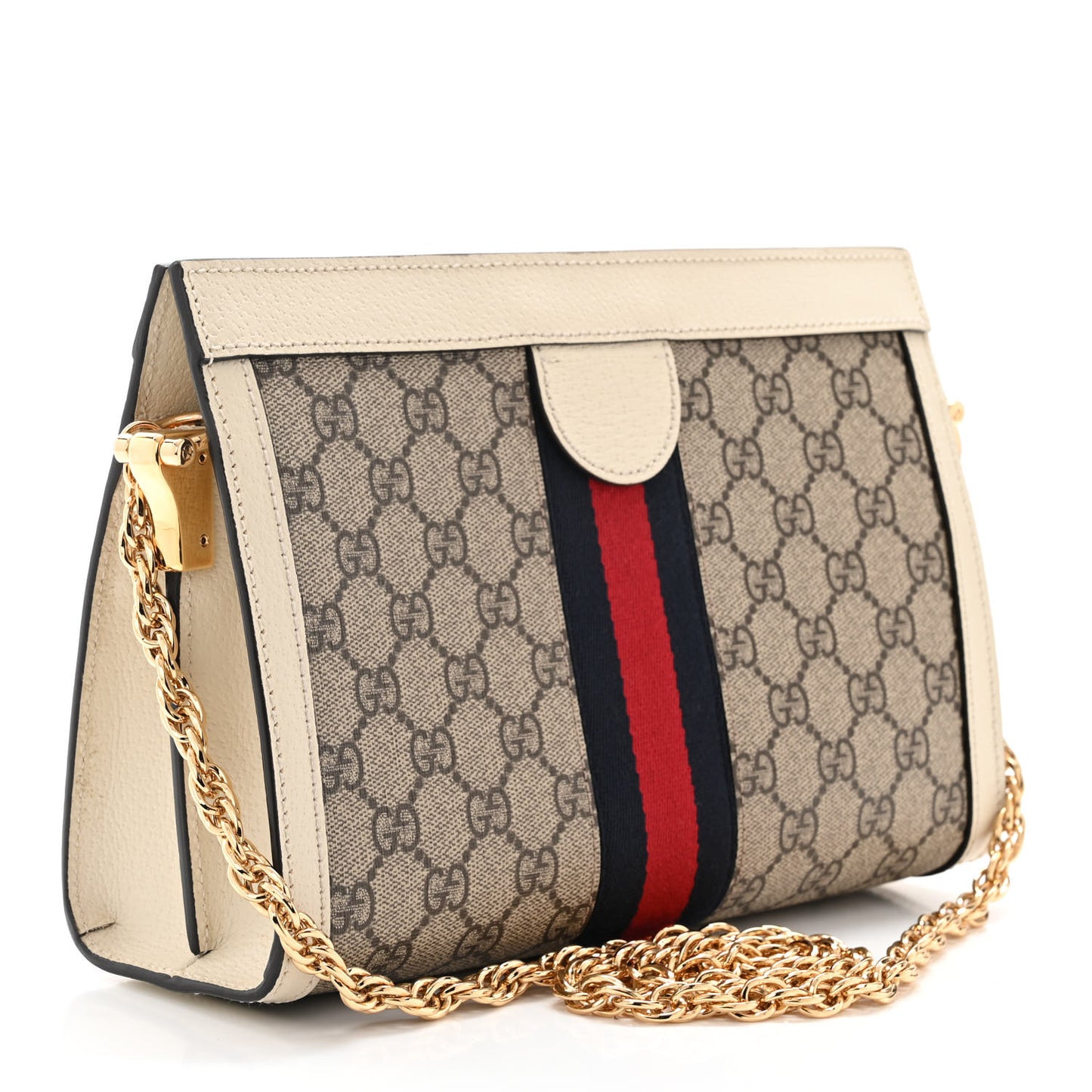 GG Supreme Monogram Textured Calfskin Web Small Ophidia Chain Shoulder Bag Beige Ebony Mystic White