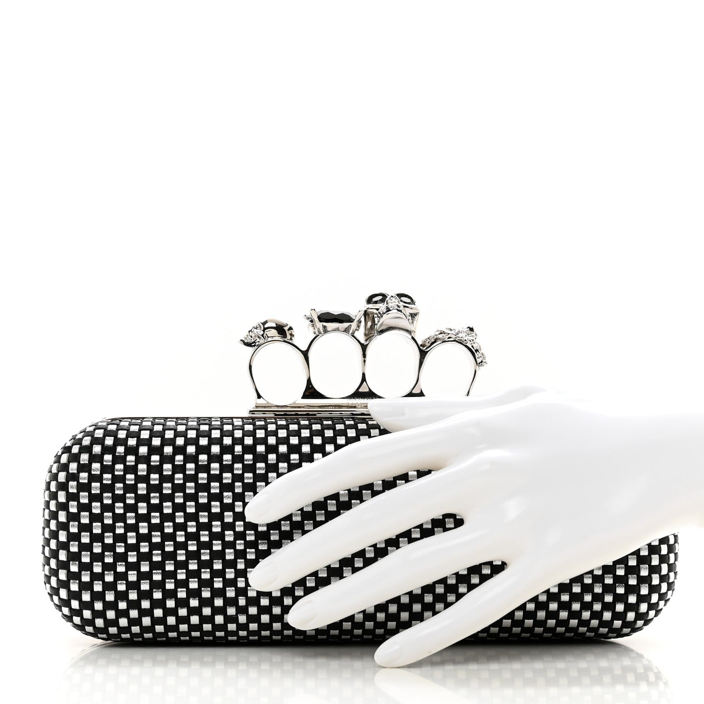Woven Metallic Calfskin Skull Knuckle Box Clutch Silver Black