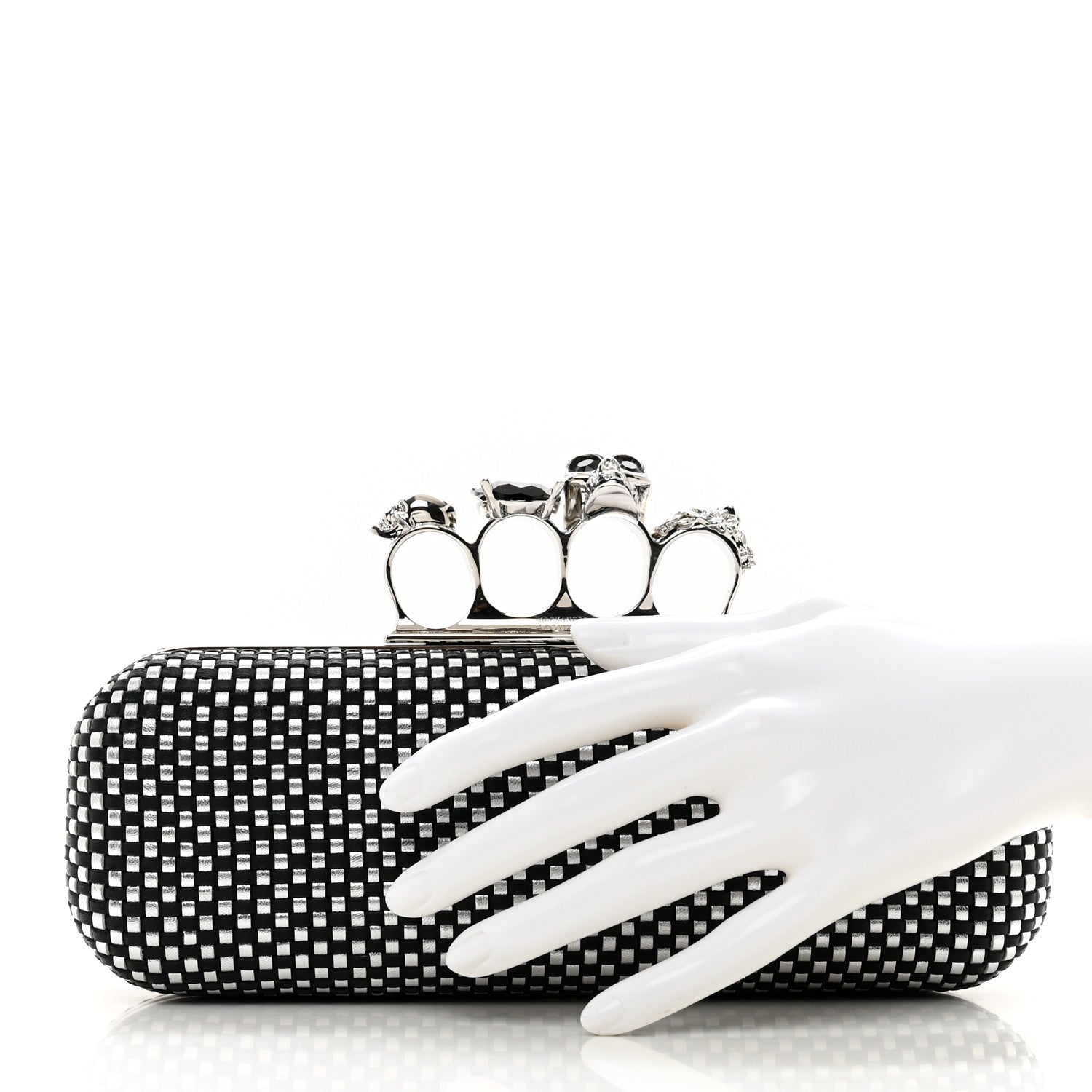 Alexander McQueen Woven Metallic Calfskin Skull Knuckle Box Clutch Silver Black 2 of 8