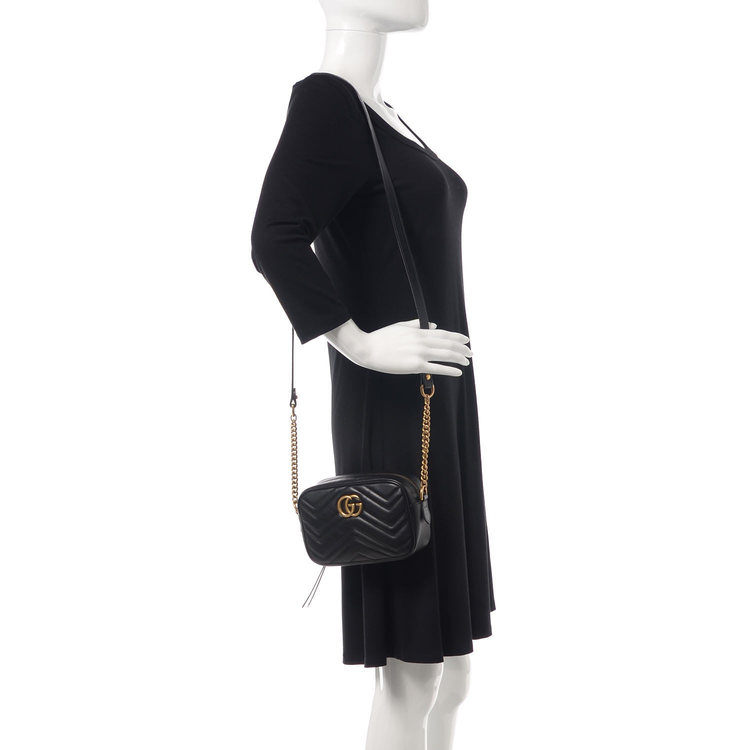 Gucci Calfskin Matelasse Mini GG Marmont Chain Shoulder Bag Black 2 of 7