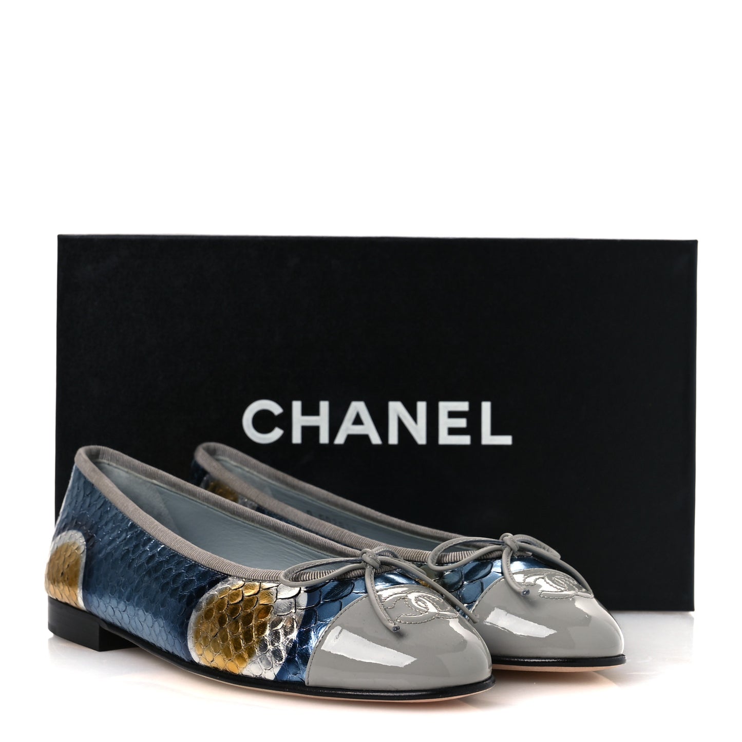 Snakeskin Patent Calfskin Cap Toe CC Ballerina Flats 37.5 Blue Multicolor