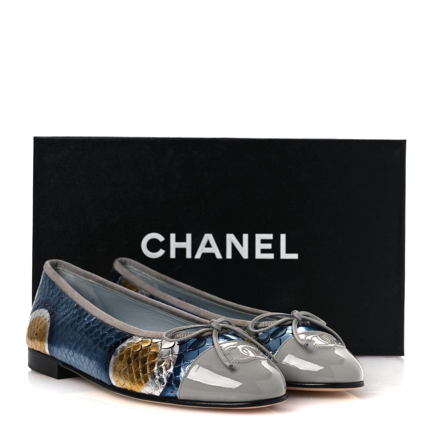 Chanel Snakeskin Patent Calfskin Cap Toe CC Ballerina Flats 37.5 Blue Multicolor 13 of 13