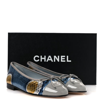 Chanel Snakeskin Patent Calfskin Cap Toe CC Ballerina Flats 37.5 Blue Multicolor 13 of 13