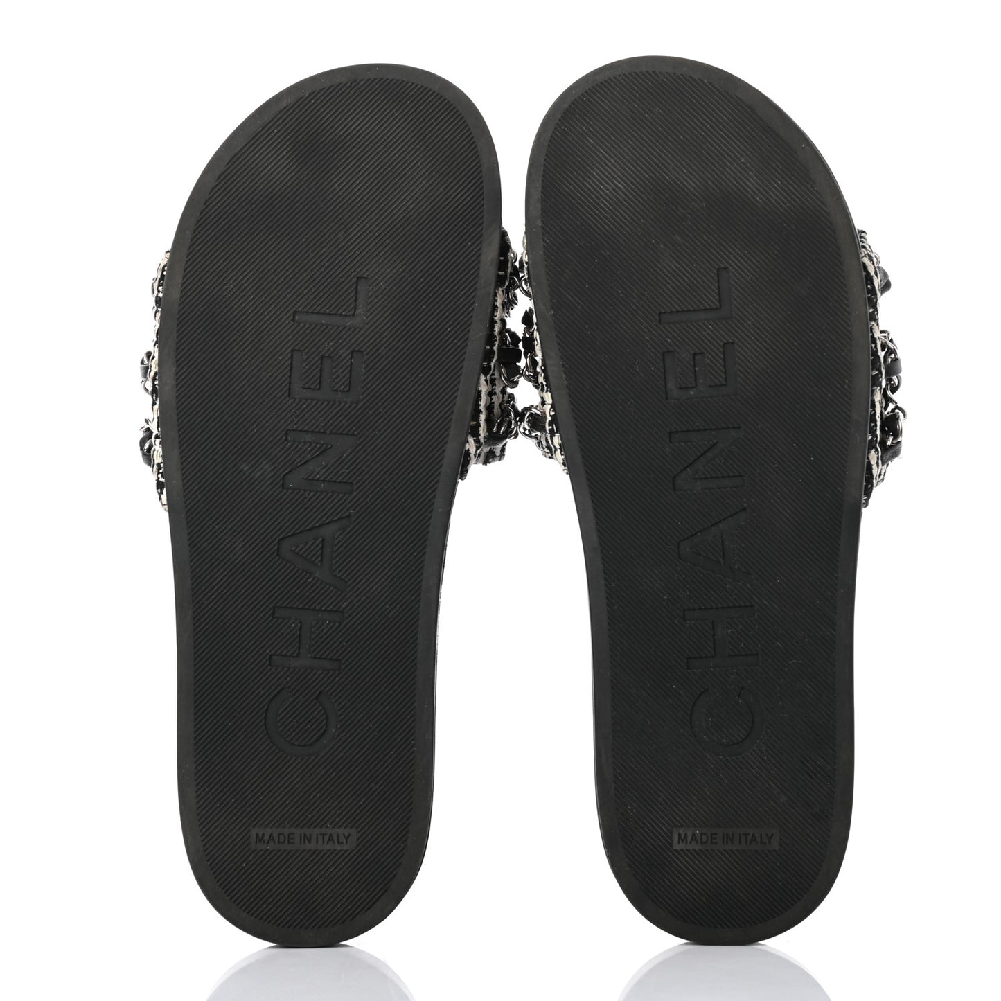 Tweed Lambskin Chain Flat Sandals 38 White Black