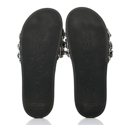 Chanel Tweed Lambskin Chain Flat Sandals 38 White Black 5 of 8
