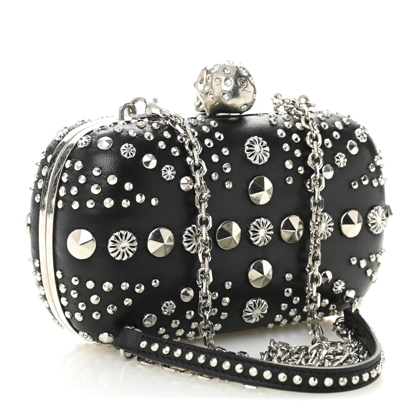 Calfskin Studded Britannia Skull Chain Clutch Black
