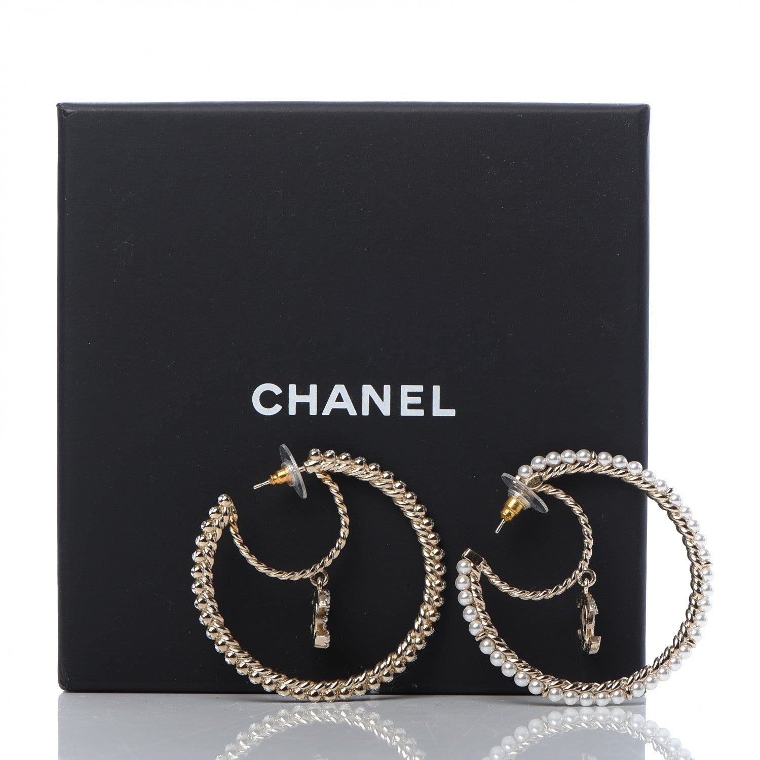 Chanel Crystal Pearl CC Drop Hoop Earrings Gold Pearly White 5 of 5